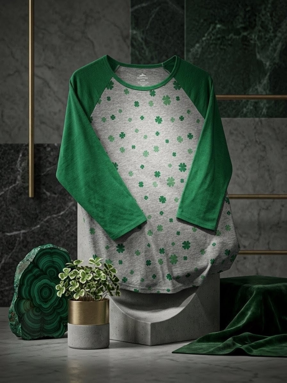 Celebrate It Heather Gray Raglan Tee with Green Clover Print